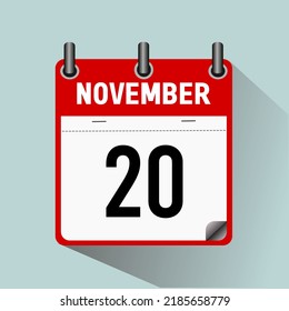 20 de noviembre, ilustración vectorial de icono de calendario, aislada en fondo azul claro.