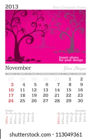 November 2013 A3 calendar - vector illustration