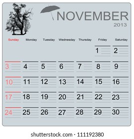 November 2013 calendar, vector illustration