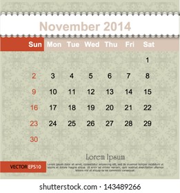 November 2014 calendar design, vector illustration