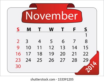 November 2014 calendar with red label. Abstract editable isolated Sunday start vector calendar design. 