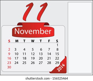 November 2014 calendar with red labels and free space. Abstract editable isolated Sunday start calendar vector design. 