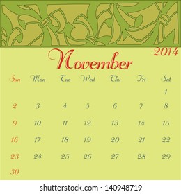 November 2014 calendar vector illustration template leaves design