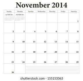 November 2014 -planning calendar. Weeks start on Sunday.