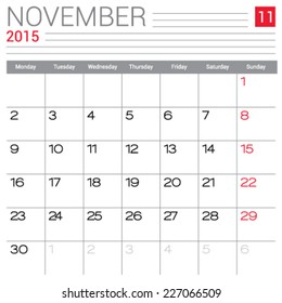 November 2015 calendar vector design template. Simple blank calendar illustration.