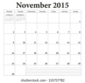 November 2015 -planning calendar. Weeks start on Monday.
