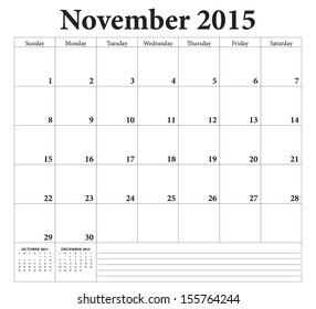 November 2015 -planning calendar. Weeks start on Sunday.
