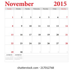 November 2015 -planning calendar. Weeks start on Sunday.