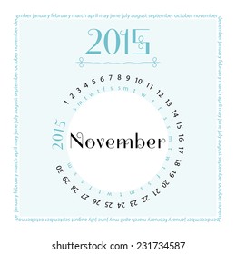 November. 2015 round calendar. Vector illustration.