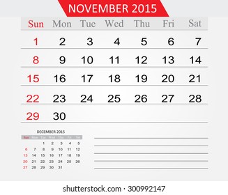 November 2015.Planning calendar for November 2015.Vector template.