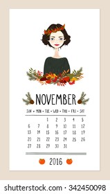 November. 2016 calendar with cute girl in wreath of seasonal flowers. Frame of autumn leaves. Can be used like greeting cards.