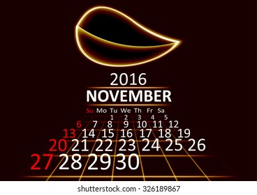 November 2016 calendar dark technology 3d style abstract background. Vector Illustration.