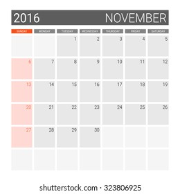 November 2016 calendar (or desk planner), weeks start from Sunday