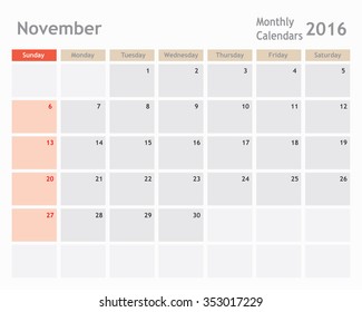 November 2016 calendar planner, monthly calender, vector  illustration