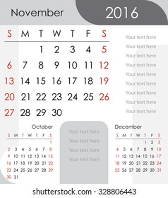 November 2016 Calendar - week starts with Sunday, vector illustration.