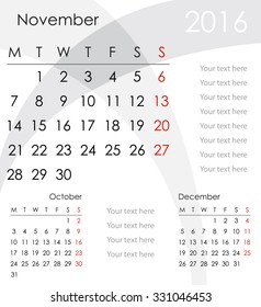 November 2016 Calendar - week starts with Monday, vector illustration.