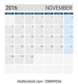 November 2016 calendar, weeks start from Monday