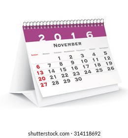 Calendario de escritorio de noviembre de 2016 - ilustración vectorial