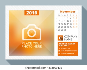 November 2016. Desk Calendar for 2016 Year. Vector Design Print Template with Place for Photo, Logo and Contact Information. Week Starts Monday. Calendar Grid with Week Numbers