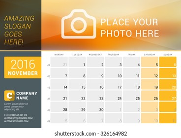 November 2016. Desk Calendar for 2016 Year. Vector Design Print Template with Place for Photo, Logo and Contact Information. Week Starts Monday. Calendar Grid with Week Numbers and Place for Notes