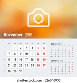 November 2016. Desk Calendar for 2016 Year. Vector Design Print Template with Place for Photo. Week Starts Monday. Calendar Grid with Week Numbers