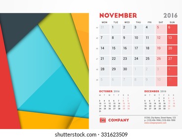 November 2016. Desk Calendar for 2016 Year. Vector Stationery Design Template with Material Design Abstract Background, Company Logo and Contact Information. Week Starts Monday