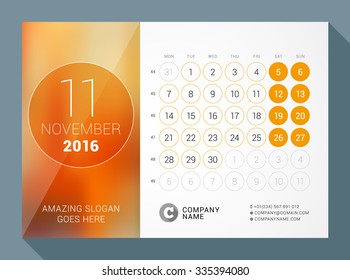 November 2016. Desk Calendar for 2016 Year. Vector Design Print Template with Place for Photo and Circles. Week Starts Monday. Calendar Grid with Week Numbers
