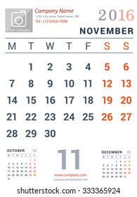 November 2016. Desk and Wall Monthly Calendar for 2016 Year. Vector Design Print Template with Place for Photo logo and description company. Week Starts Monday. Portrait Orientation