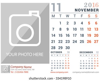 November 2016. Desk and Wall Monthly Calendar for 2016 Year. Vector Design Print Template with Place for Photo logo and description company. Week Starts Monday. Portrait Orientation