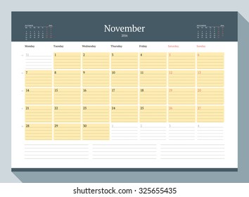 November 2016. Monthly Calendar Planner for 2016 Year. Vector Design Print Template. Week Starts Monday