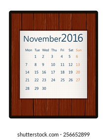 November 2016 paper calendar on wood