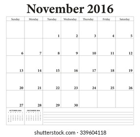 November 2016 -planning calendar. Weeks start on Sunday.
