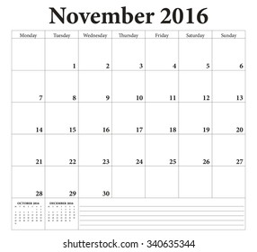 November 2016 -planning calendar. Weeks start on Monday.