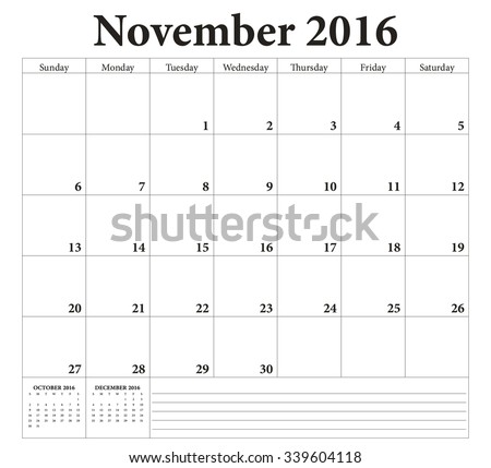 November 2016 -planning calendar. Weeks start on Sunday.