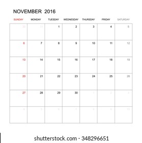 November 2016 - Vector calendar template design for planning. Week start from Sunday.