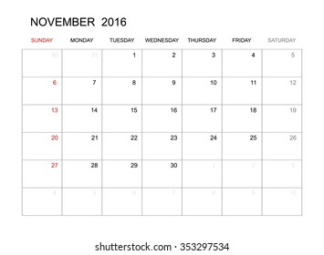 November 2016 - Vector calendar template design for planning. Week start from Sunday.