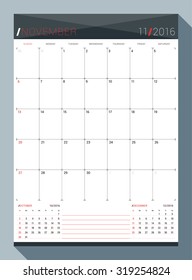 November 2016. Vector Design Print Template. Monthly Calendar Planner for 2016 Year. 3 Months on Page. Week Starts Sunday