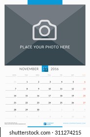 November 2016. Wall Monthly Calendar for 2016 Year. Vector Design Print Template with Place for Photo. Week Starts Monday. Portrait Orientation