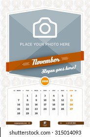 November 2016. Wall Monthly Calendar for 2016 Year. Vector Design Print Template with Place for Photo and Pattern Background. Week Starts Monday