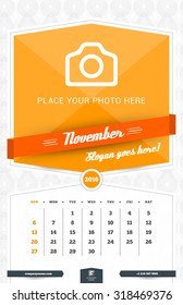 November 2016. Wall Monthly Calendar for 2016 Year. Vector Design Print Template with Place for Photo and Pattern Background. Week Starts Sunday