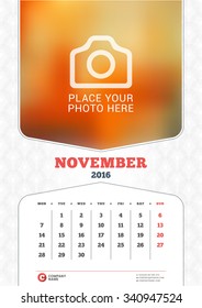 November 2016. Wall Monthly Calendar for 2016 Year. Vector Design Print Template with Place for Photo and Pattern Background. Week Starts Monday