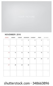 November 2016 - Wall monthly calendar for 2016 year. Vector template design with area for your picture or graphic design. Week starts from Sunday.