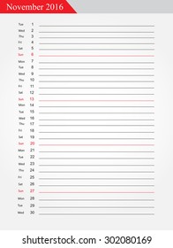 November 2016.Planning calendar for november 2016.Vector template.