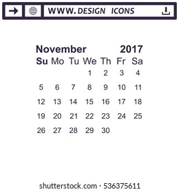 November 2017 Calendar Icon Vector flat design style