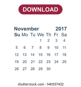 November 2017 Calendar Icon Vector flat design style