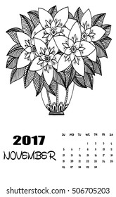 November, 2017 calendar. Line Art Black and white Illustration. Flower pot. Print anti-stress coloring page