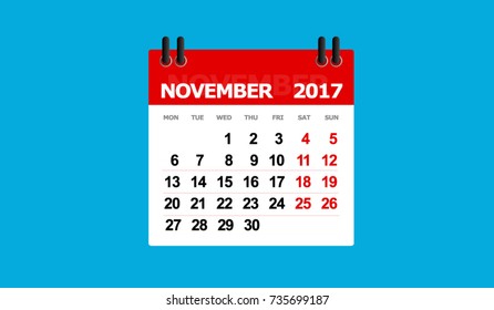 november 2017 calendar vector isolated blue background