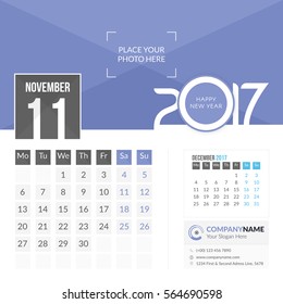 November 2017. Calendar for 2017 Year. 2 Months on Page. Vector Design. Template with Place for Photo and Company Logo