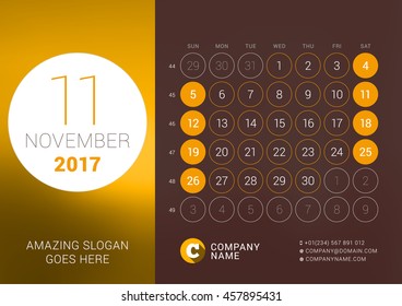 November 2017. Desk Calendar for 2017 Year. Vector Design Print Template with Place for Photo. Week Starts Sunday. Calendar Grid with Week Numbers