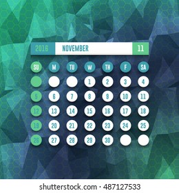 November 2017 Full Calendar Template - Polygonal Background, Promotion Poster Vector Design, Week Starts Sunday
